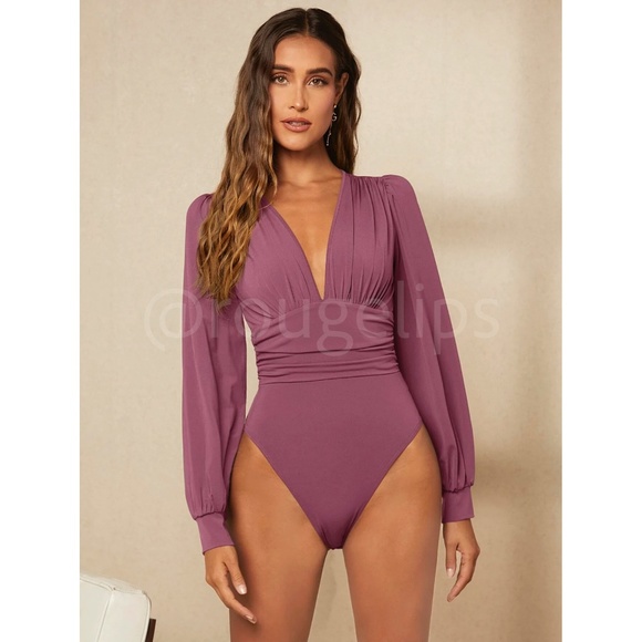 Dusty Mauve Elegant V neck Bodysuit Long Bishop Sleeves Stretchy Ruched Waist - Picture 5 of 10